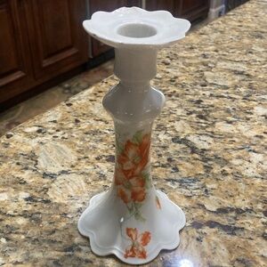 Floral White and Orange Ceramic Taper Candle Holder
